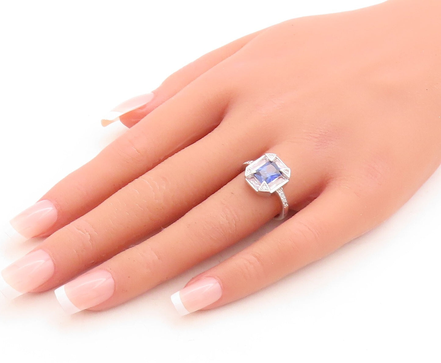 925 Sterling Silver Vintage Ring Rectangle Sapphire Halo CZ Frame  Sz 7  RG30111