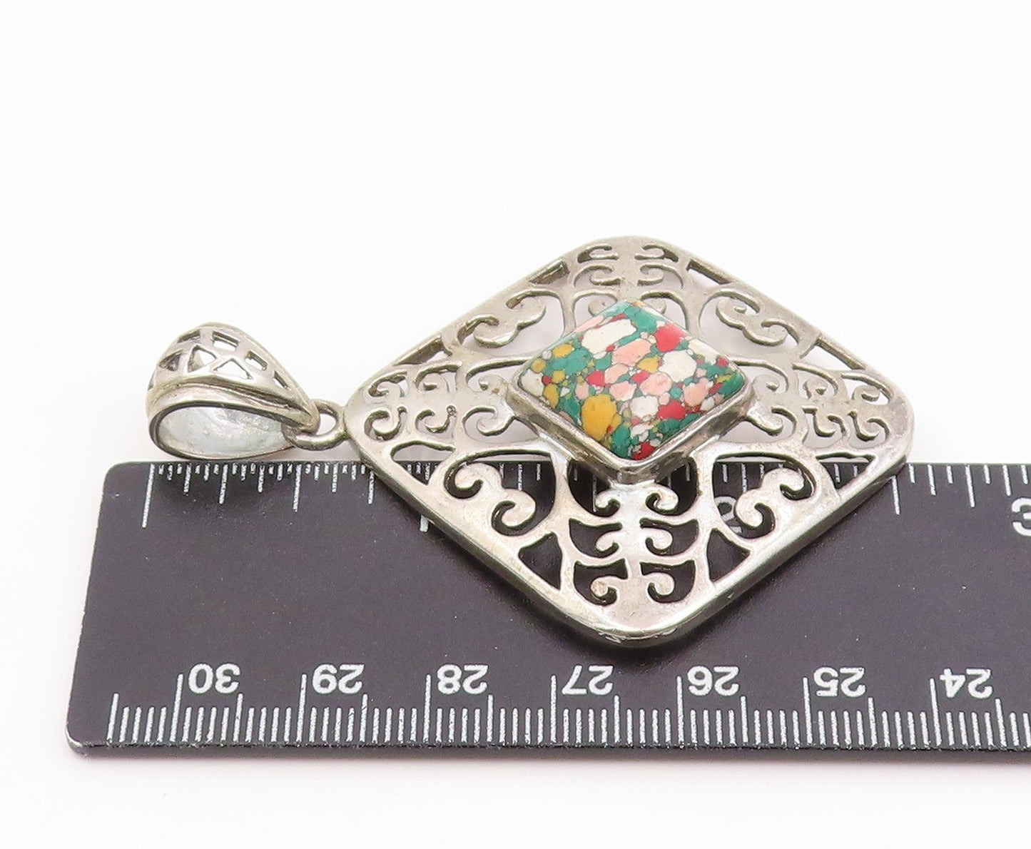 925 Sterling Silver Vintage Pendant Gemstone Classic Openwork Square  PT26118