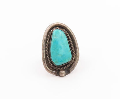 925 Sterling Silver Vintage Ring NAVAJO Blue Turquoise Halo Roped  Sz 7  RG32540