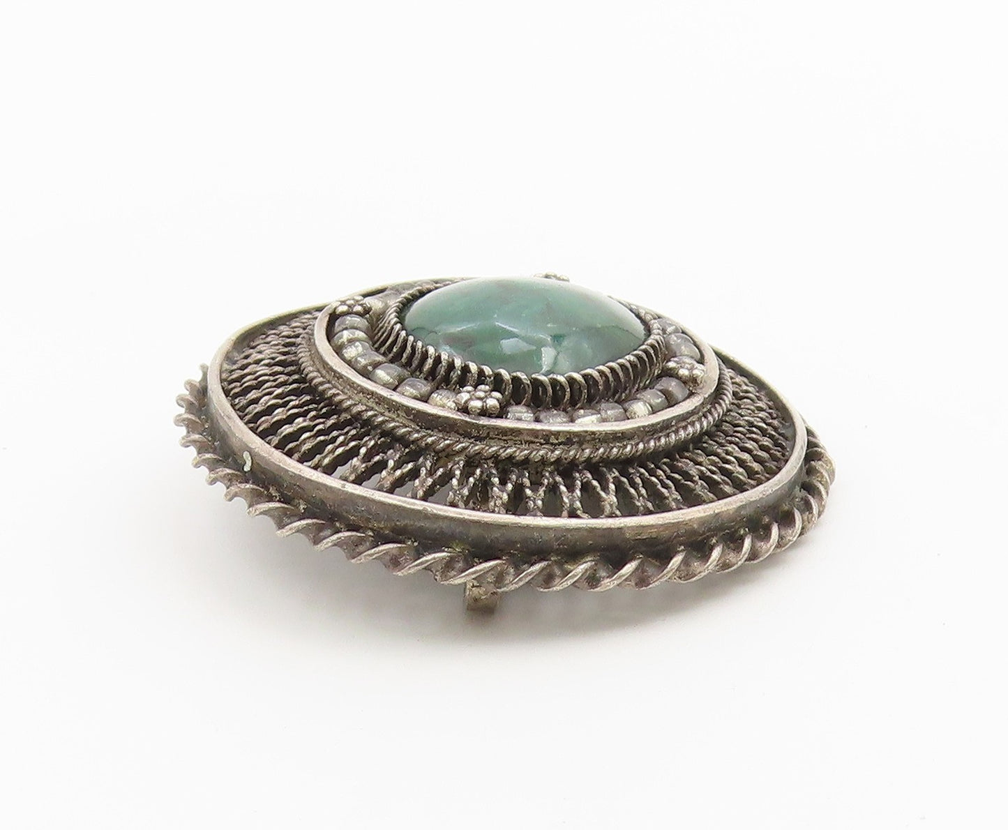 ISRAEL 925 Silver  Vintage Malachite Halo Filigree Floral Brooch Pin  BP10403
