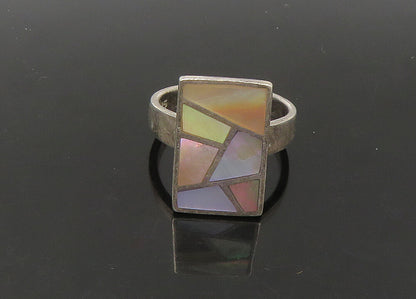 925 Sterling Silver  Vintage Inlaid Mother Of Pearl Band Ring Sz 7  RG22262