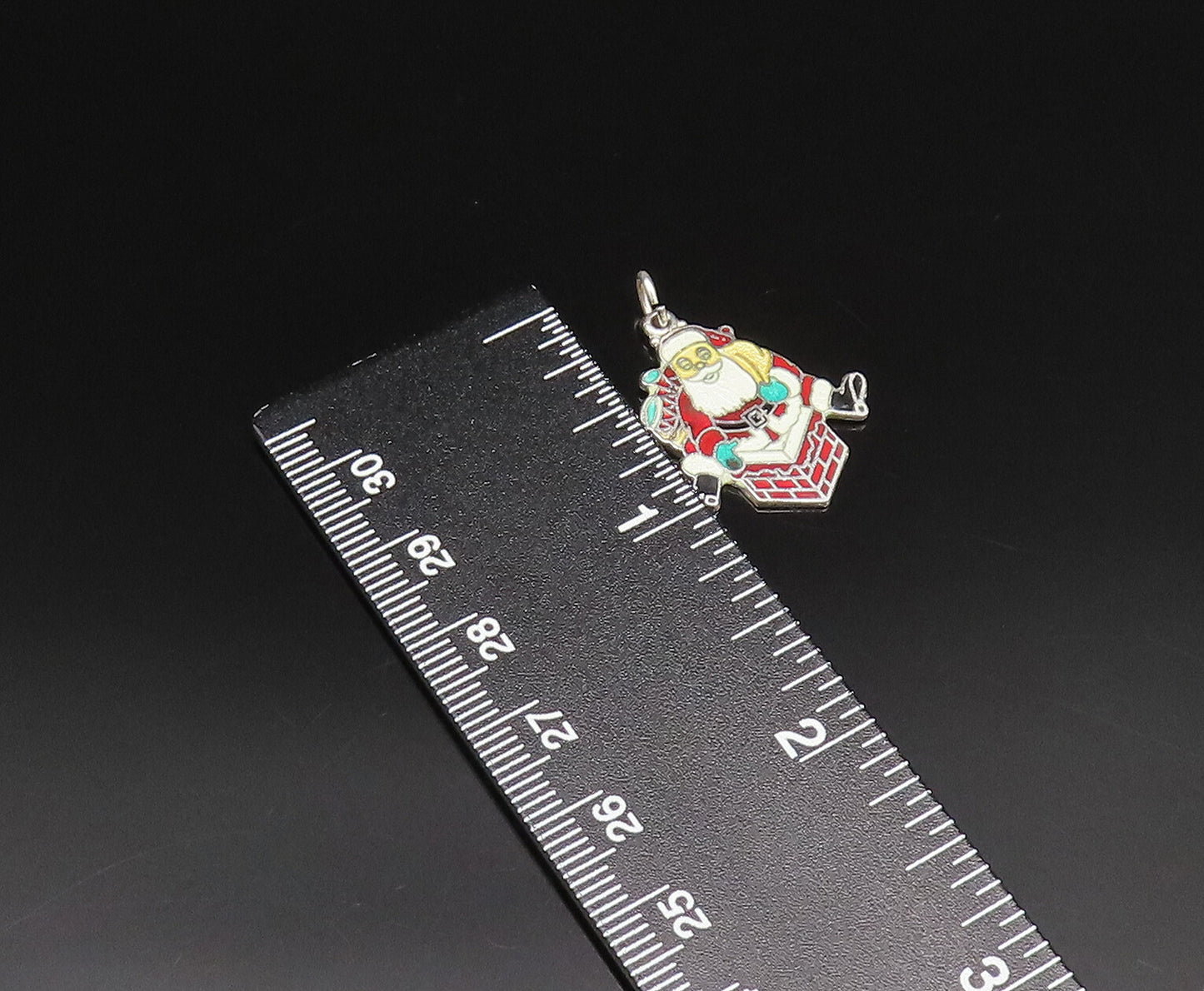 925 Sterling Silver  Vintage Enamel Santa Claus On Chimney Pendant  PT21688