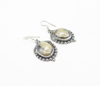 925 Sterling Silver  Vintage Cabochon Cut Agate Shiny Dangle Earrings  EG3146