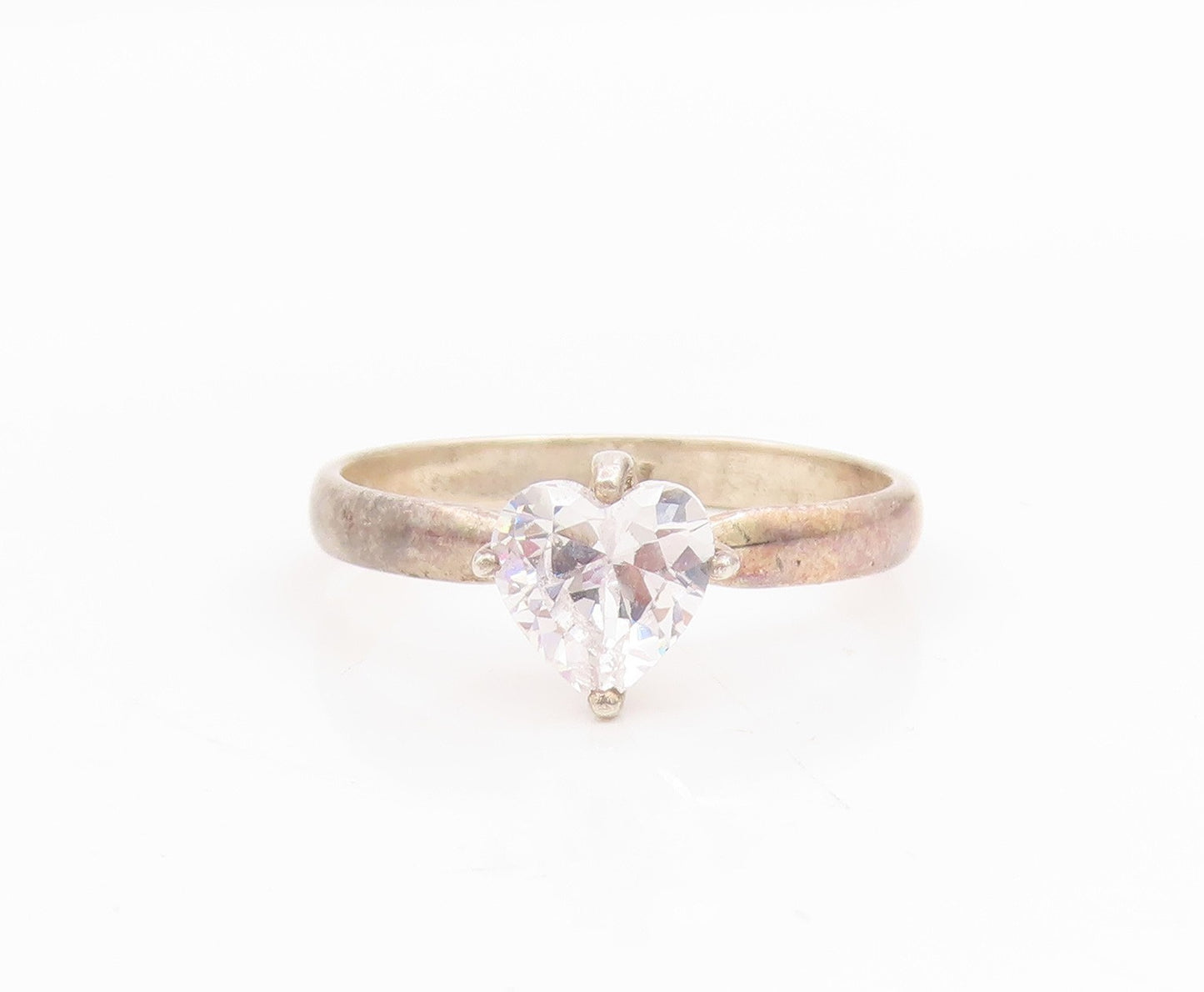 925 Sterling Silver Vintage Ring Heart Shape CZ Solitaire Band  Sz 10  RG34930