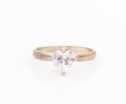 925 Sterling Silver Vintage Ring Heart Shape CZ Solitaire Band  Sz 10  RG34930