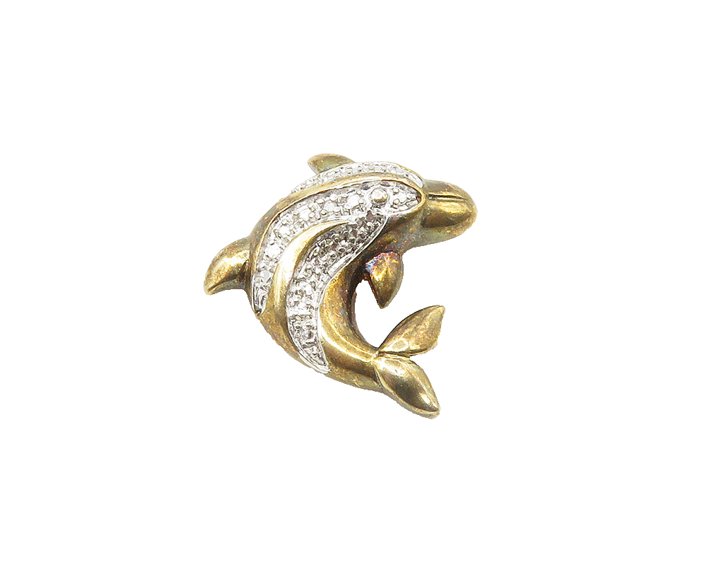 925 Silver  Vintage Genuine Diamond Gold Plated Dolphin Pendant  PT14433