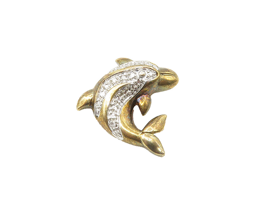 925 Silver  Vintage Genuine Diamond Gold Plated Dolphin Pendant  PT14433