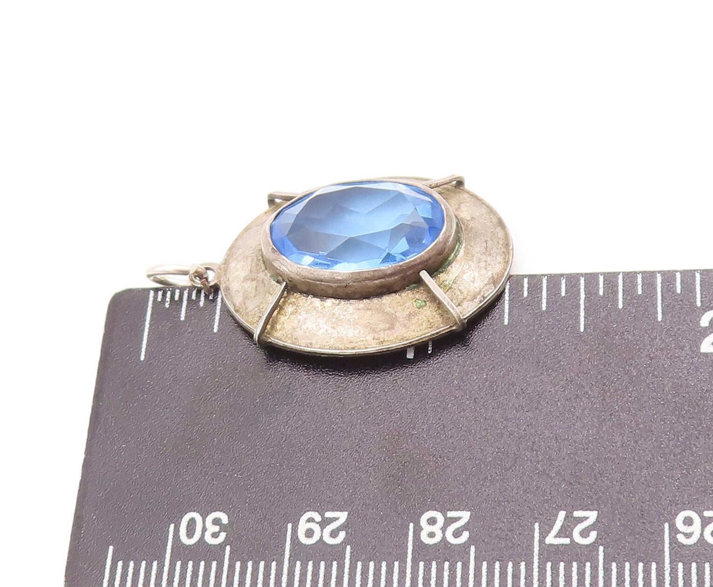 925 Sterling Silver Vintage Pendant Large Oval Cut Blue CZ Shield  PT23081