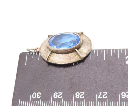 925 Sterling Silver Vintage Pendant Large Oval Cut Blue CZ Shield  PT23081