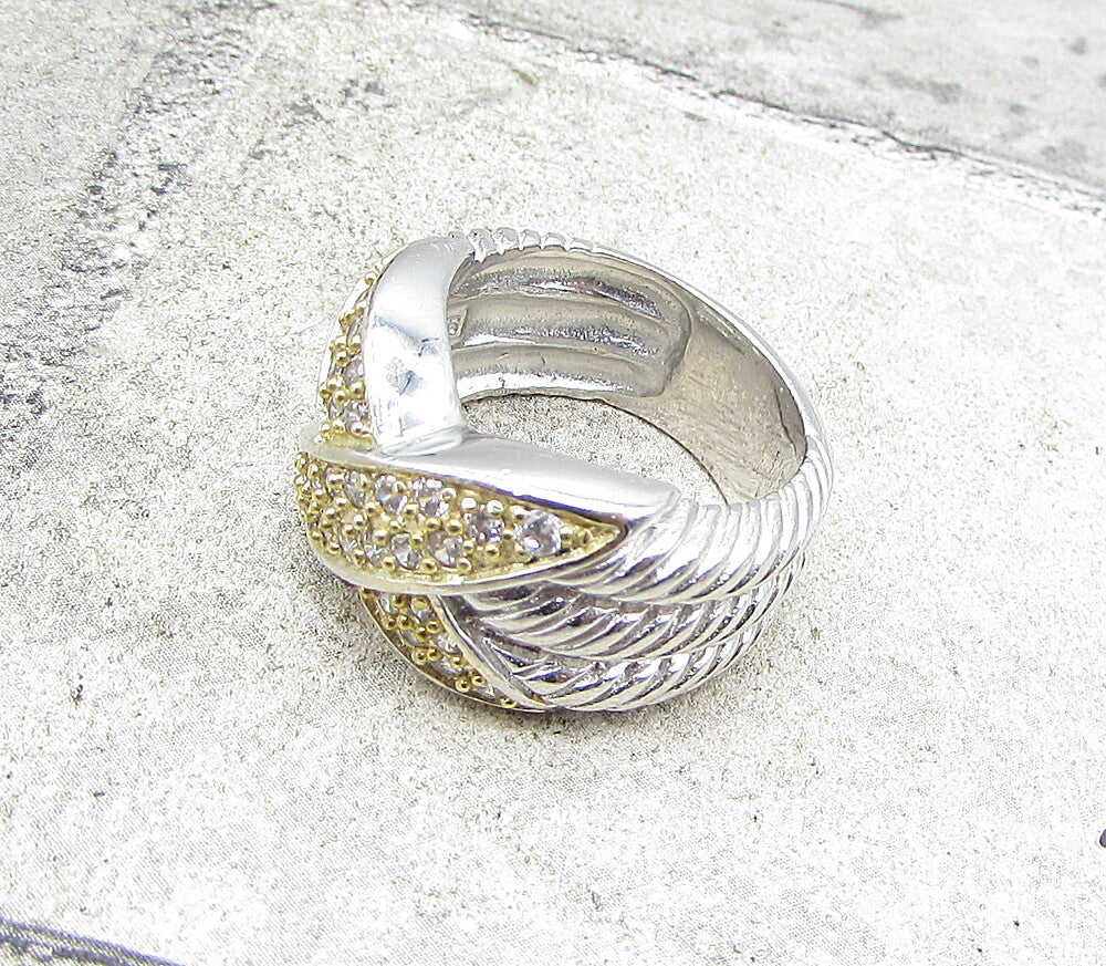 925 Silver Cubic Zirconia X Twisted Ropes 2 Tone Band Ring Sz 6 RG1947