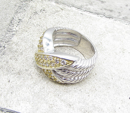 925 Silver Cubic Zirconia X Twisted Ropes 2 Tone Band Ring Sz 6 RG1947