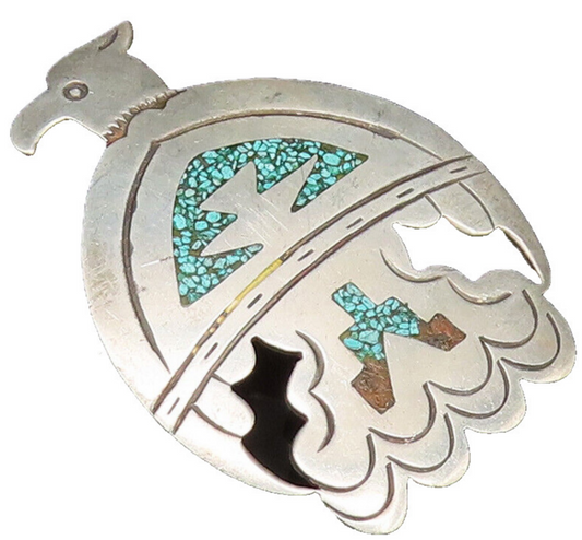 SOUTHWESTERN 925 Silver Vintage Turquoise & Coral Bird Brooch Pin BP9821