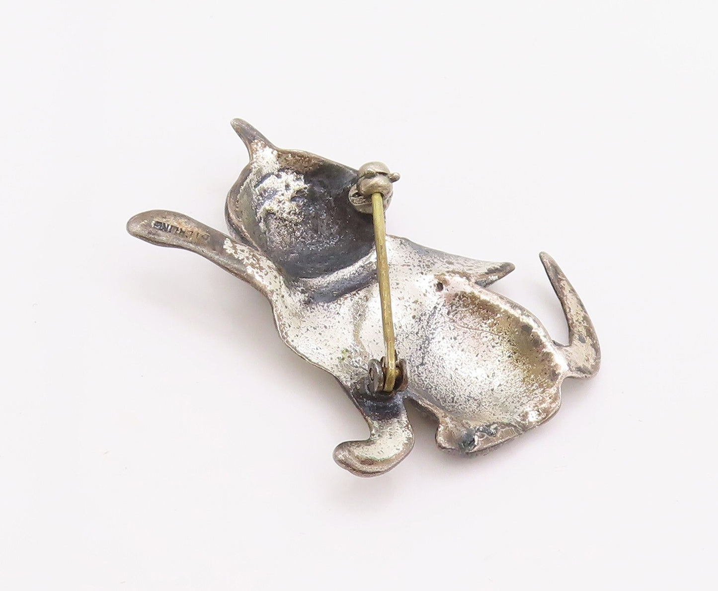 925 Sterling Silver Vintage Brooch Pin Antique Happy Playful Cat  BP11181