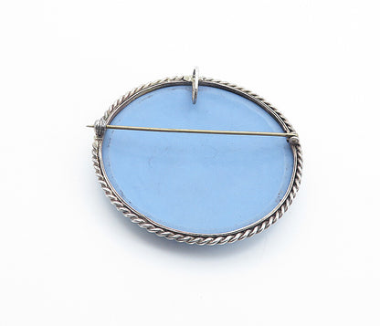 925 Sterling Silver  Vintage Carved Angel Scene Blue Cameo Brooch Pin  BP2914