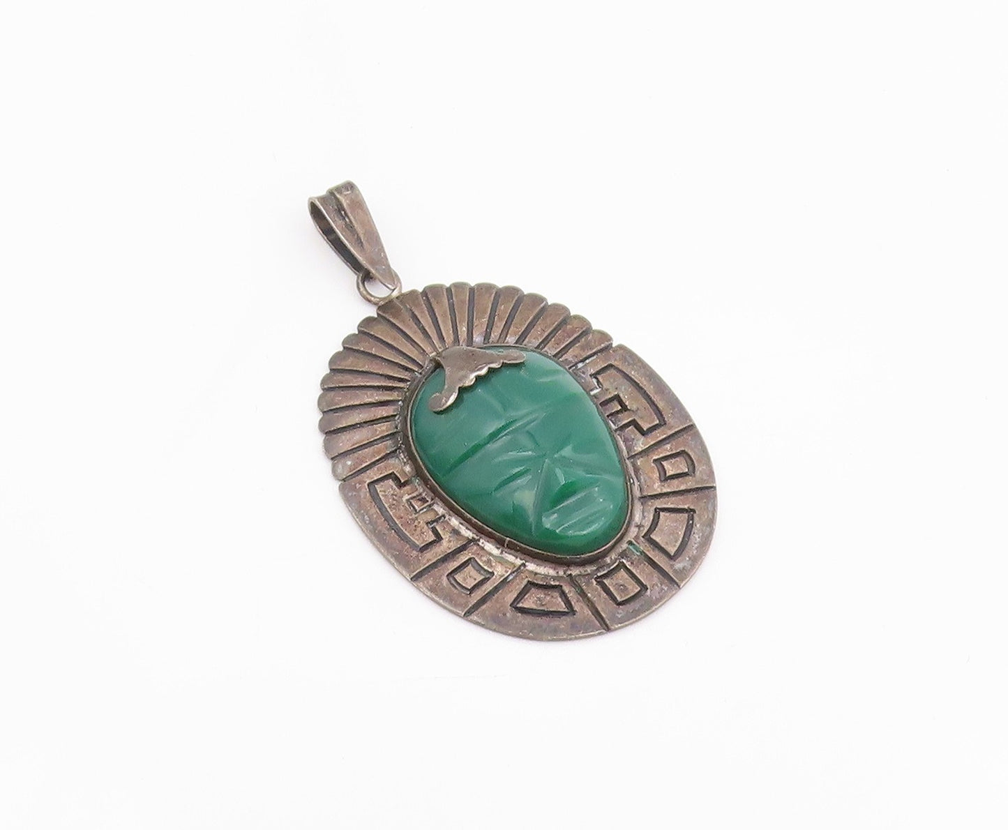 925 Sterling Silver Vintage Pendant MEXICO TAXCO Carved Green Onyx Mask  PT26044