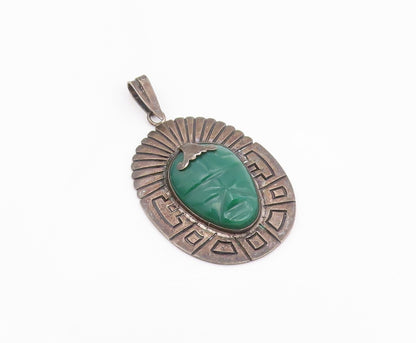925 Sterling Silver Vintage Pendant MEXICO TAXCO Carved Green Onyx Mask  PT26044