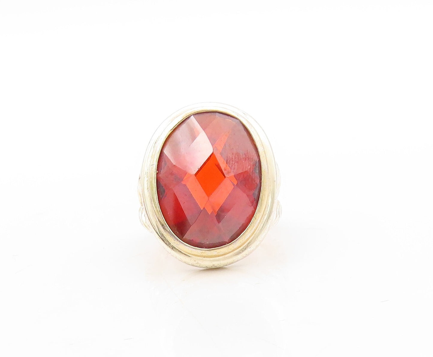 925 Sterling Silver Vintage Ring Large Oval Cut Red CZ  Sz 9  RG31079