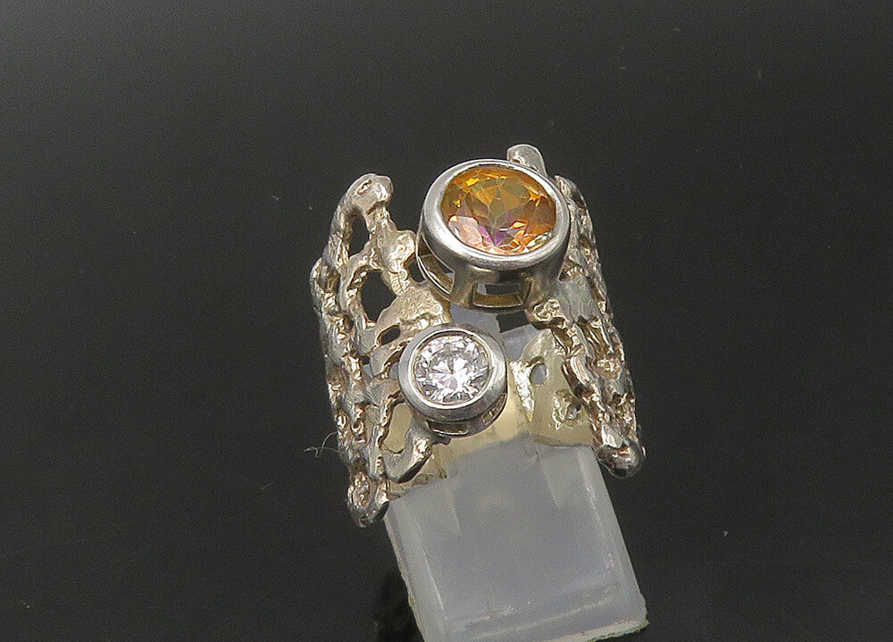 925 Silver  Vintage Cubic Zirconia & Citrine Sculpted Band Ring Sz 8.5 RG22387