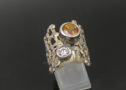925 Silver  Vintage Cubic Zirconia & Citrine Sculpted Band Ring Sz 8.5 RG22387