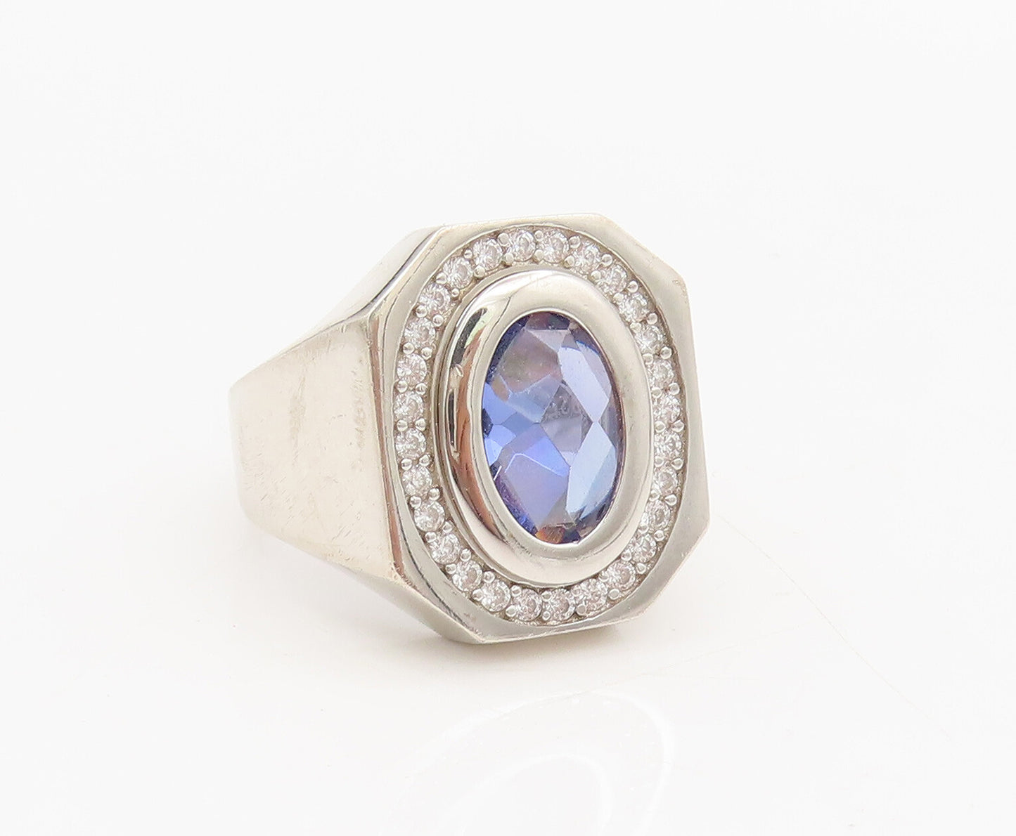 925 Sterling Silver  Vintage Bulged Border Sapphire Halo CZ Ring Sz 9  RG26989