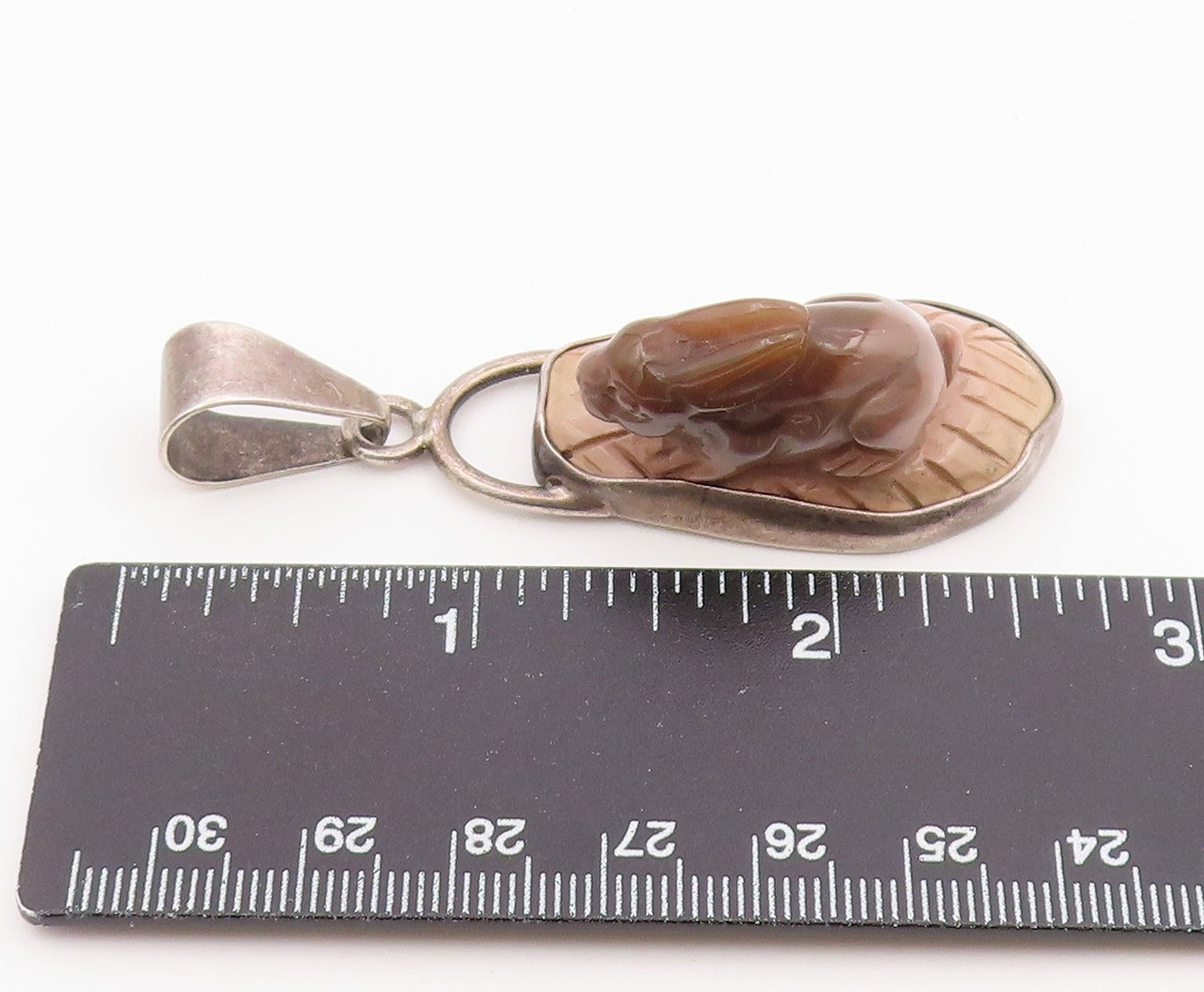 925 Sterling Silver Vintage Pendant OBSIDIAN Jasper Carved Rabbit  PT26371