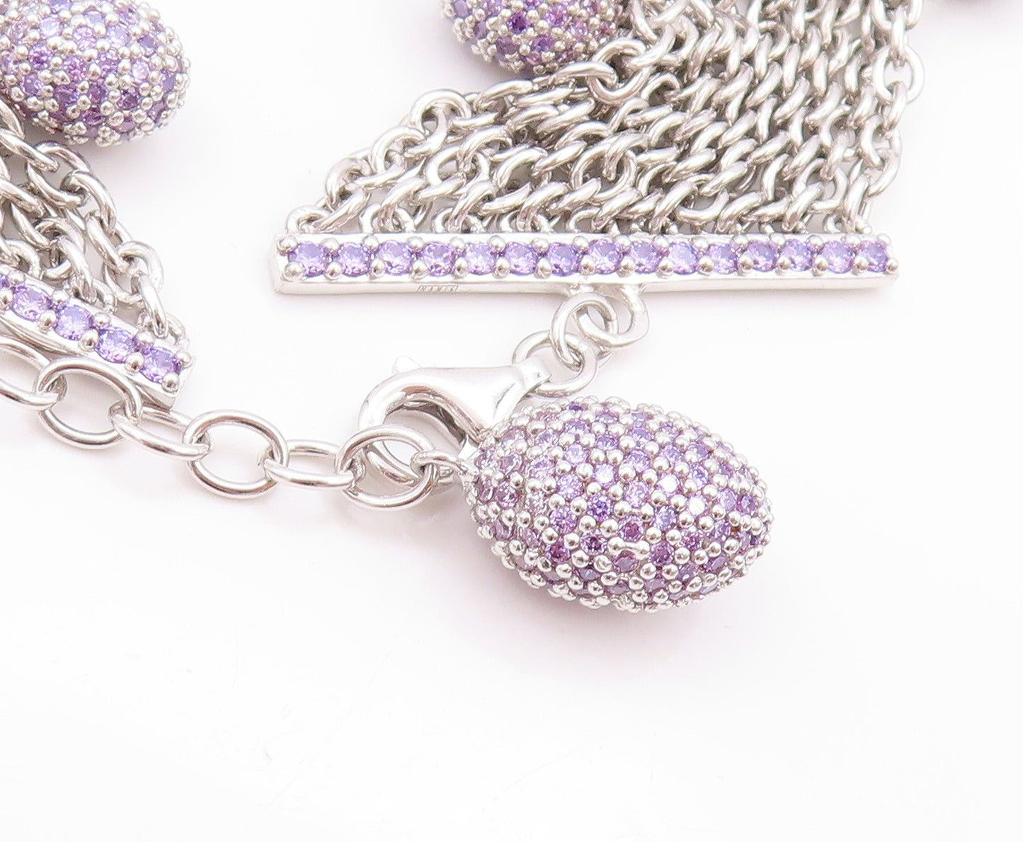 925 Sterling Silver Vintage Bracelet Dangling Amethyst Easter Eggs  BT11263