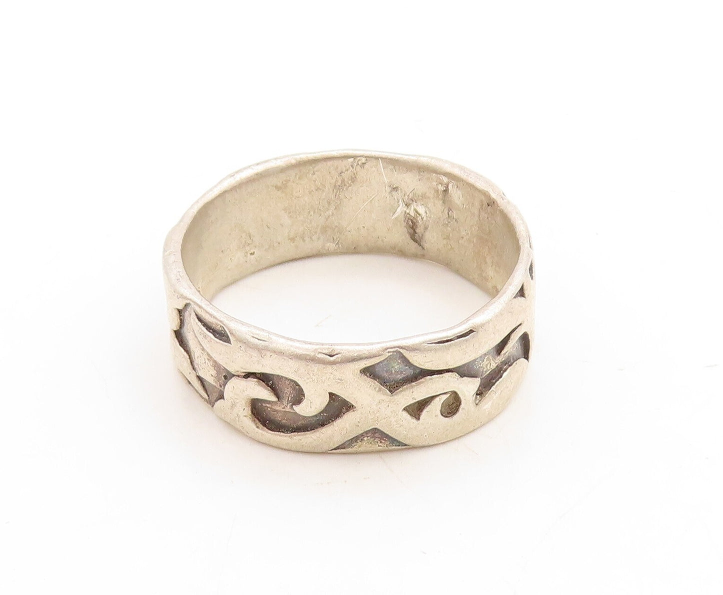 925 Sterling Silver Vintage Ring Solid Carved Fire Swirls  Sz 15  RG31255