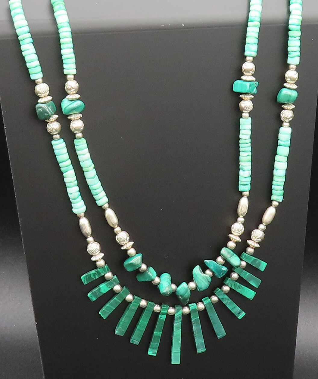 925 Silver  Vintage Two Strand Malachite & Floral Beads Necklace  NE4012