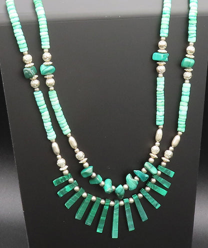 925 Silver  Vintage Two Strand Malachite & Floral Beads Necklace  NE4012