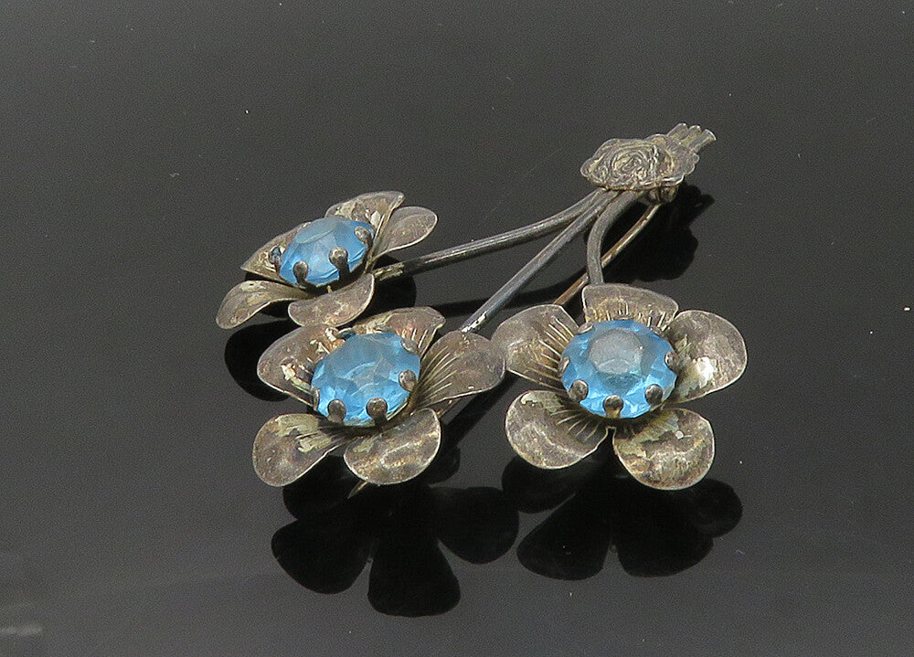 925 Sterling Silver  Vintage Blue Topaz Flower Bunch Motif Brooch Pin  BP8227