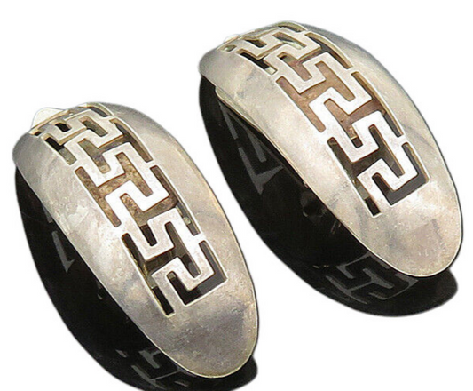 925 Sterling Silver  Vintage Open Greek Key Dome Non Pierce Earrings  EG10114