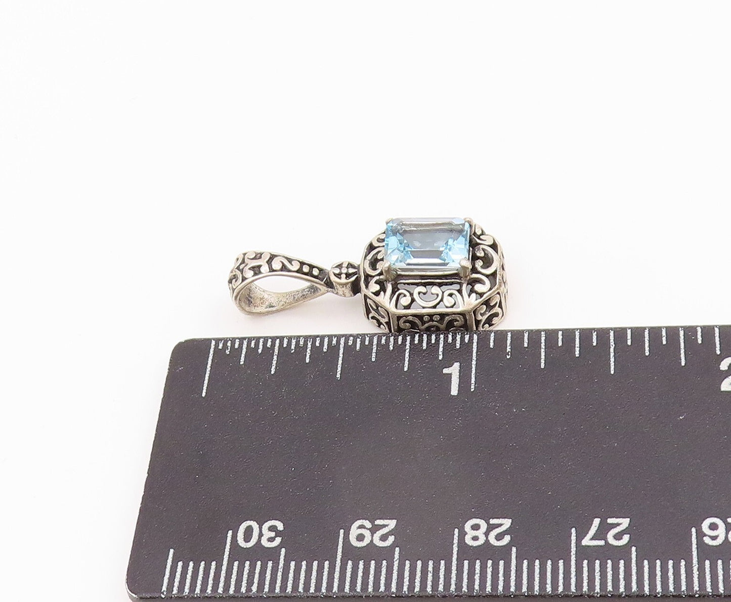 925 Sterling Silver Vintage Pendant Rectangle Blue Topaz Swirly Carved  PT23905