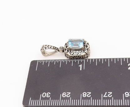 925 Sterling Silver Vintage Pendant Rectangle Blue Topaz Swirly Carved  PT23905