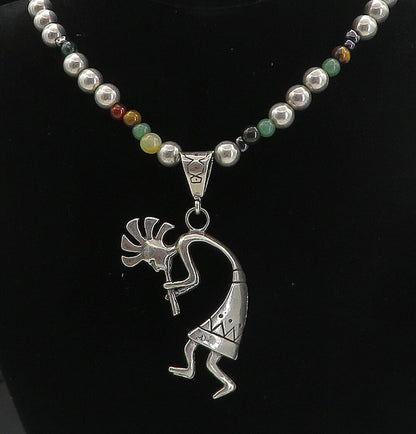 MASHA NAVAJO 925 Silver Vintage Multi Stone Kokopelli Chain Necklace NE1320