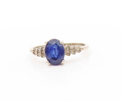 925 Sterling Silver Vintage Ring Diamonds Band & Oval Sapphire  Sz 8  RG32942