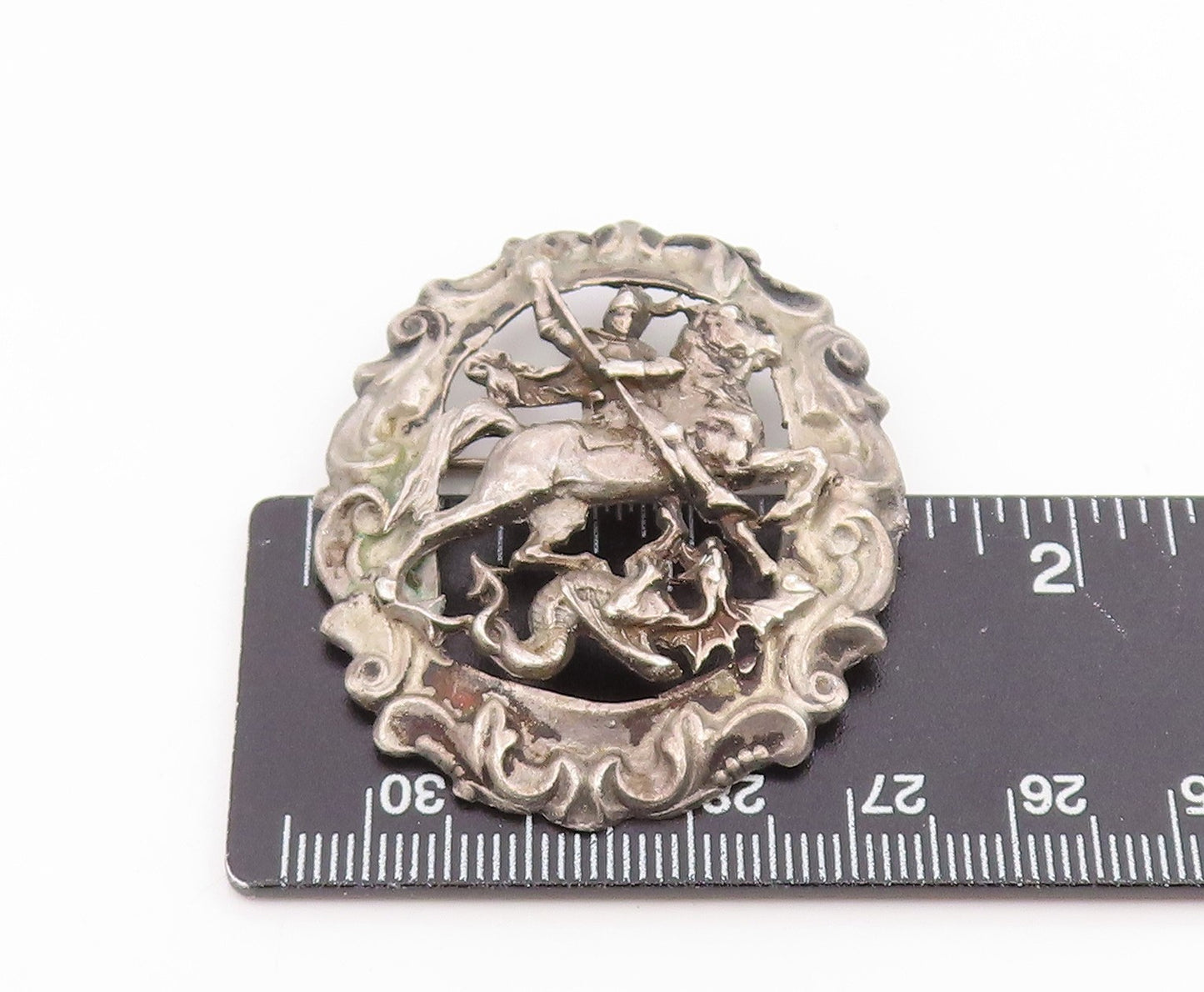 925 Sterling Silver Vintage Brooch Pin Saint George Slaying The Dragon  BP12389