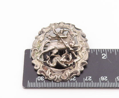 925 Sterling Silver Vintage Brooch Pin Saint George Slaying The Dragon  BP12389