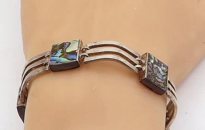 MEXICO 925 Sterling Silver - Vintage Abalone Shell Square Chain Bracelet- BT2006