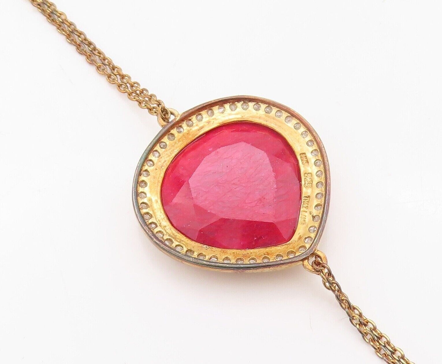 925 Sterling Silver Vintage Bracelet Gold Plated Red Gemstone & Diamonds BT10723