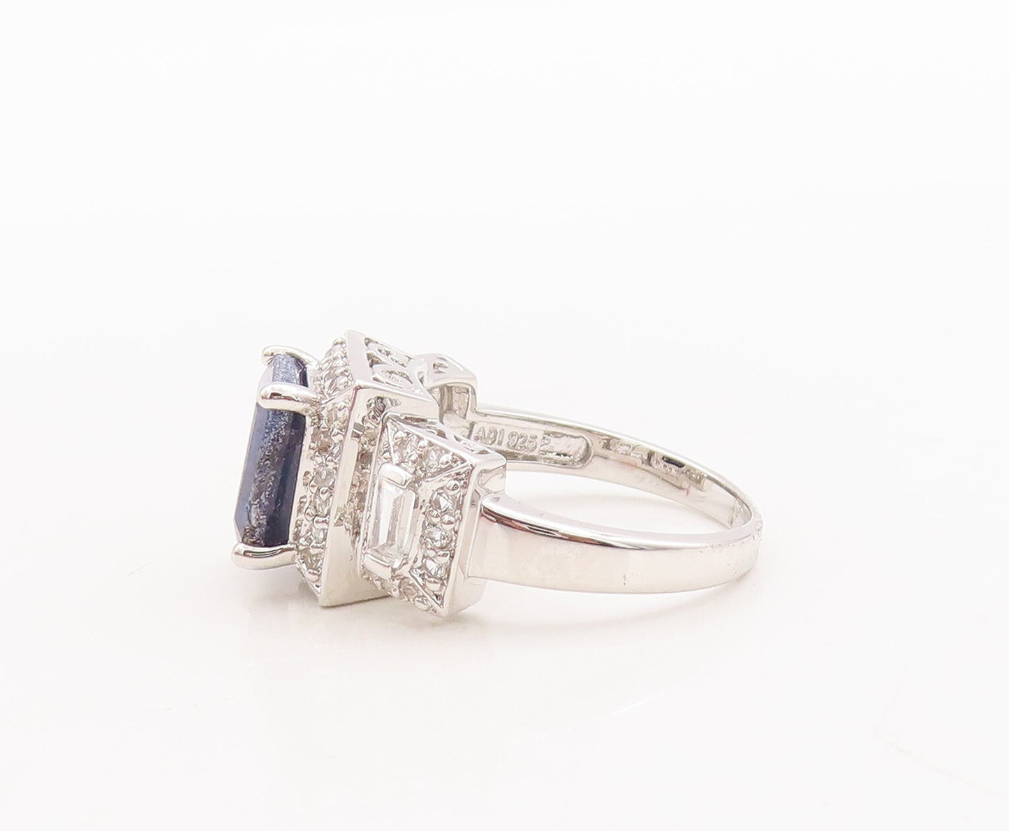 925 Sterling Silver Vintage Ring Rectangle Cut Blue Gemstone & CZ  Sz 7  RG29701