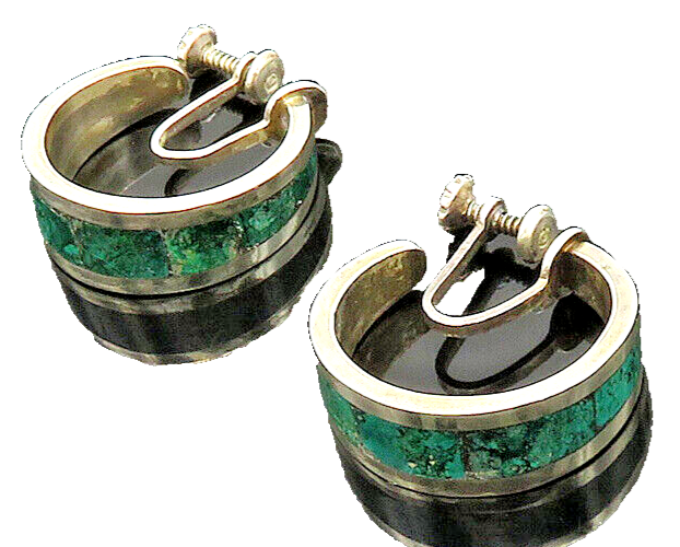 MEXICO 925 Silver  Vintage Inlaid Turquoise Non Pierce Hoop Earrings  EG10019