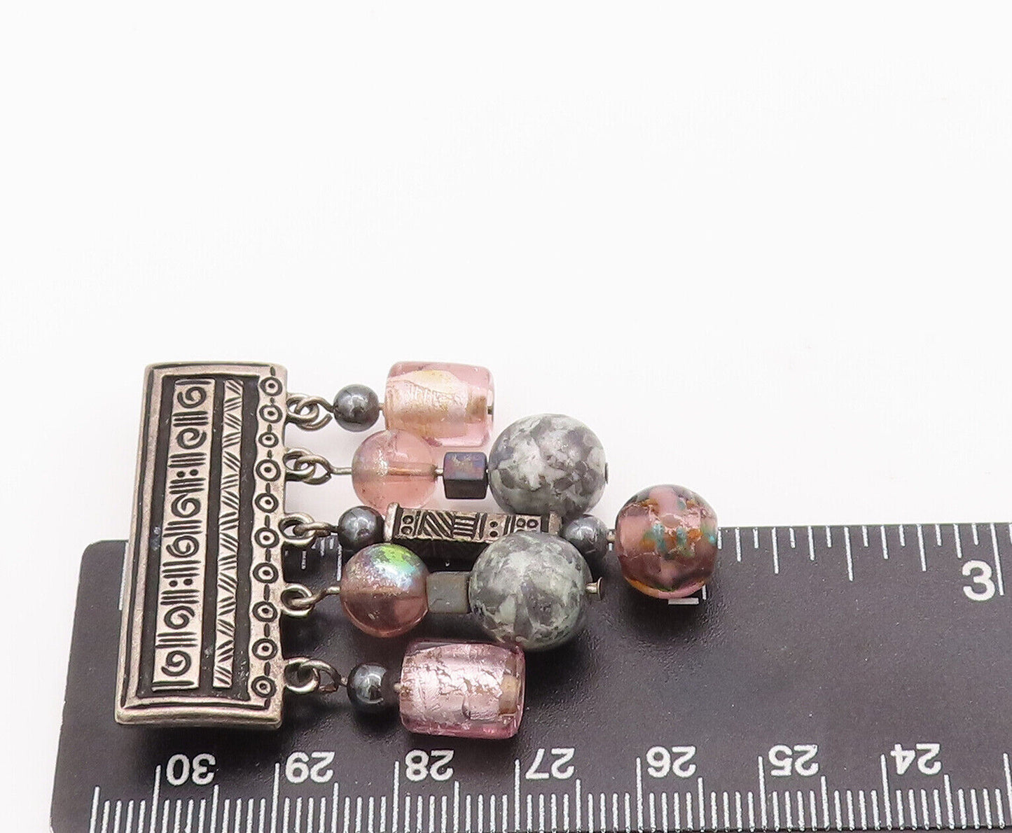 925 Sterling Silver Vintage Brooch Pin Carved Plate & Dangling Beads  BP10822