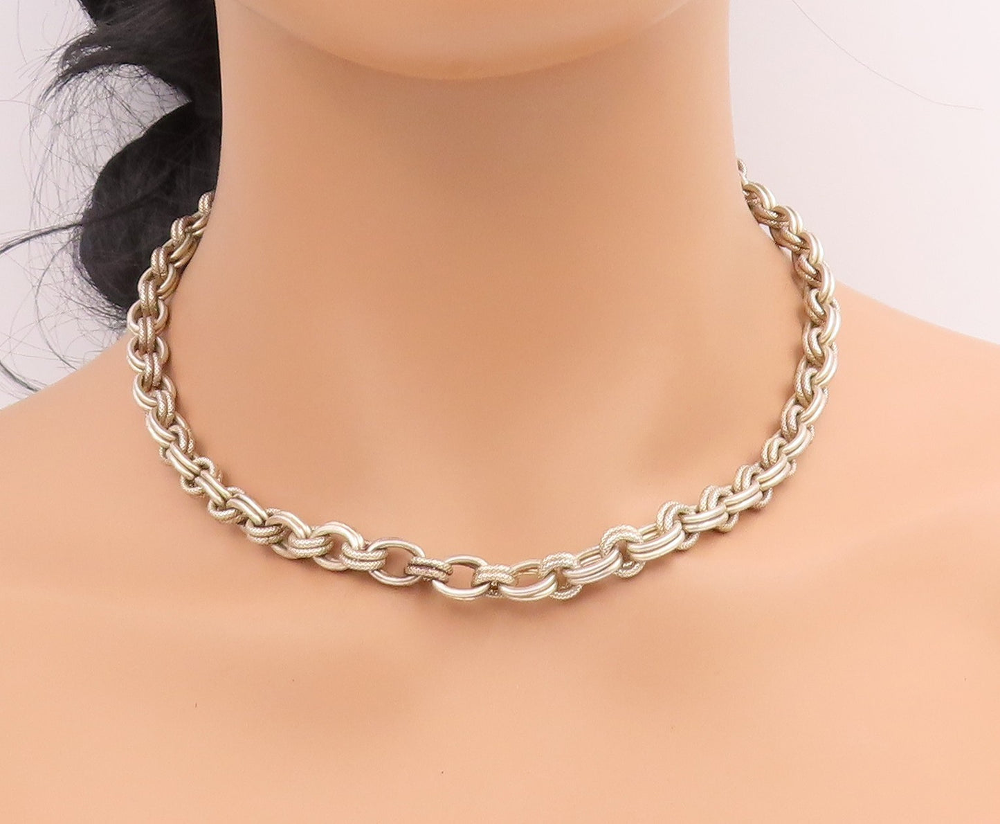 925 Sterling Silver Vintage Necklace Double Circle Toggle Clasp Chain  NE4736