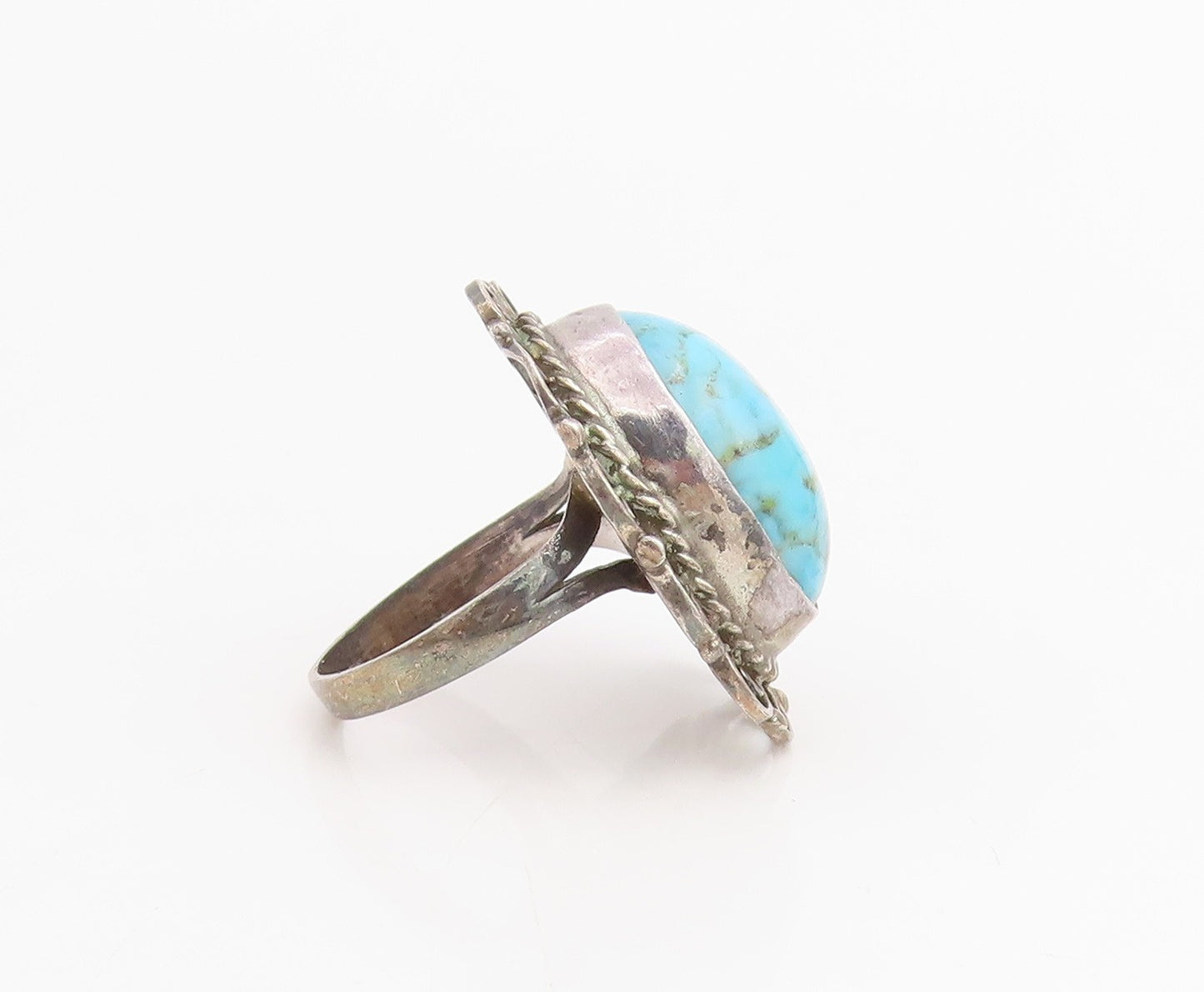925 Sterling Silver Vintage Ring Cabochon Turquoise Scroll Band  Sz 6  RG34784