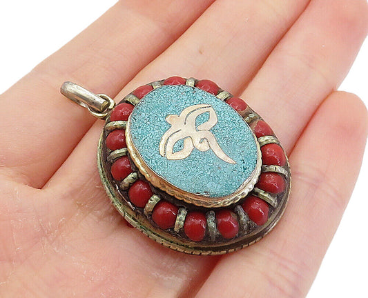 925 Sterling Silver  Vintage Crushed Turquoise & Coral Round Pendant  PT5979