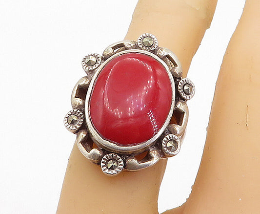 925 Sterling Silver  Vintage Coral & Marcasite Cocktail Ring Sz 5.5  RG6192