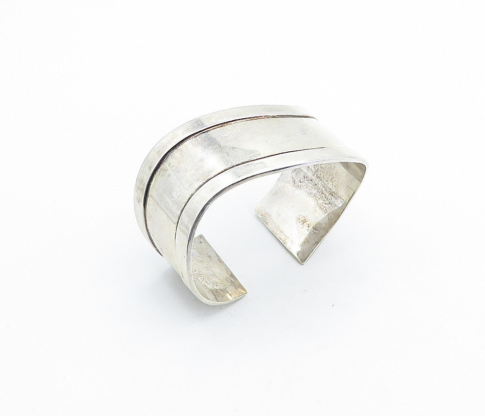 925 Sterling Silver  Vintage Shiny Wavy Raised Edge Cuff Bracelet  BT2564