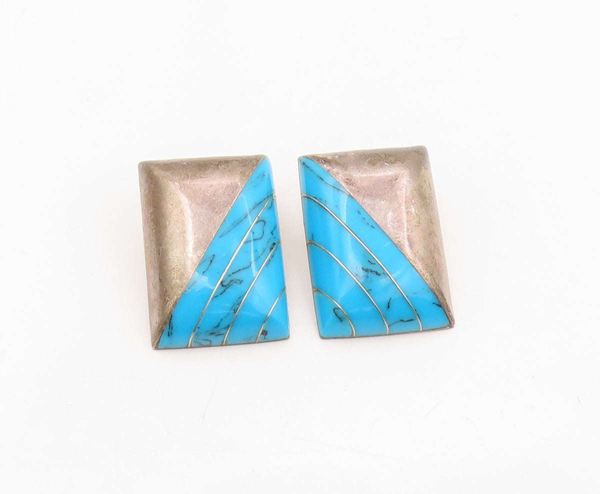 925 Sterling Silver Vintage Earrings MEXICO Turquoise Geometric Inlay  EG13894