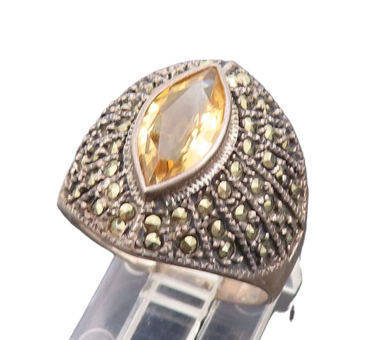 925 Silver  Vintage Marquise Cut Citrine & Marcasite Accents Ring Sz 8 RG26682