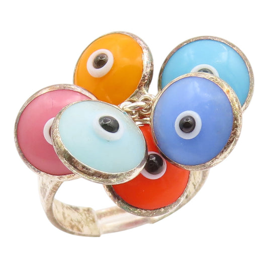 925 Sterling Silver Vintage Ring Multi Color Evil Eye Dangle Band  Sz 7  RG35587